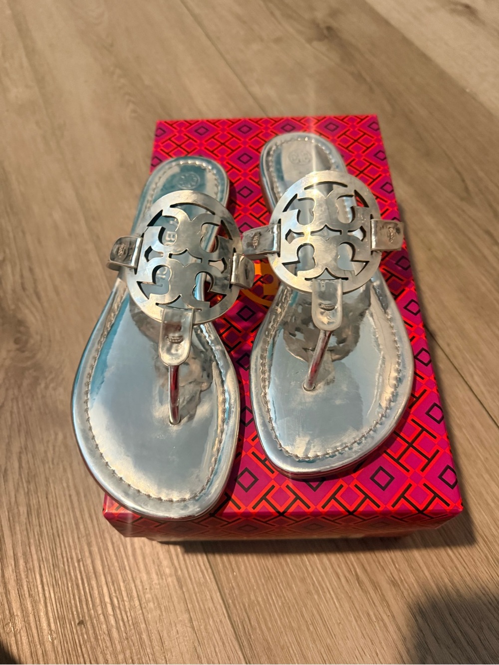 Tory Burch Silver Logo Thong Sandals